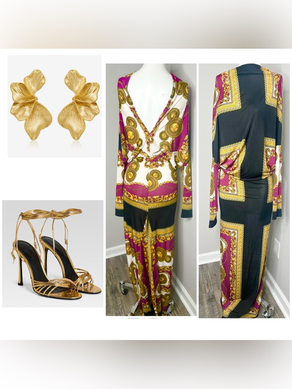 Baroque-Print V-Back Long Sleeve dress in Magenta, Black & Gold- small